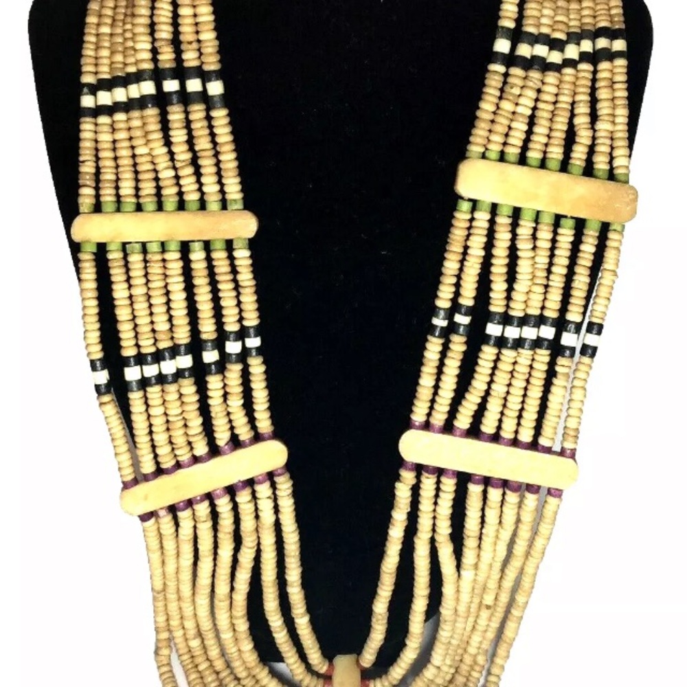 Tribal Carved Seed Beads Necklace Handmade  8 Strands 13” Ling and 2 “Wide